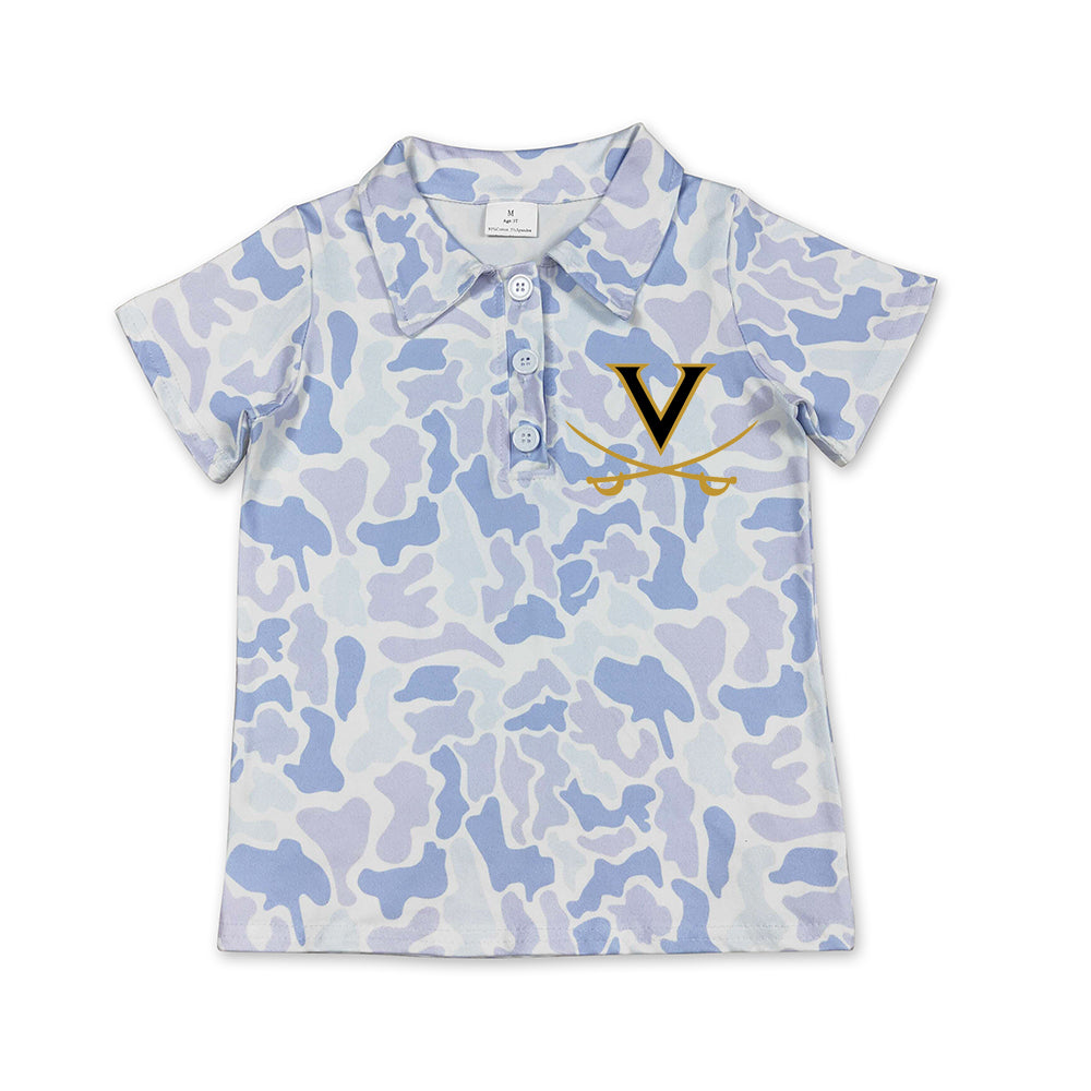 Preorder (moq 5)Baby Boys Light Blue Camo Vidor Pirates Team Button Polo Shirt Top