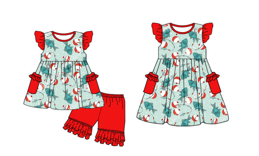 Preorder moq 5 Custom Baby Girls Red Pockets Fishing Tunic Ruffle Short Set Knee Length Dresses