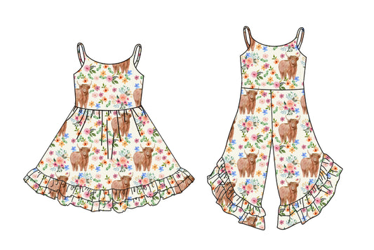 Preorder moq 5 Custom Baby Girls Strap Highland Cows Flowers Ruffle Jumpsuits Knee Length Dresses
