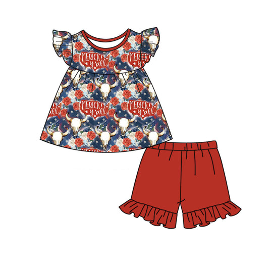 Baby Girls 4th Of July Cows Tunic Top Ruffle Shorts Clothes Sets preorder (moq 5)