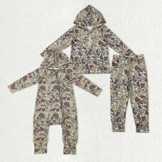 Sibling Baby Boys Southern Khaki Camo Hoodies Pockets Pants Set Zipper Convertible Rompers