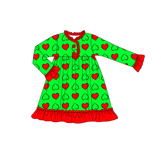 Baby Girls Christmas Green Hearts Ruffle Knee Length Gowns Dresses Preorder(moq 5)