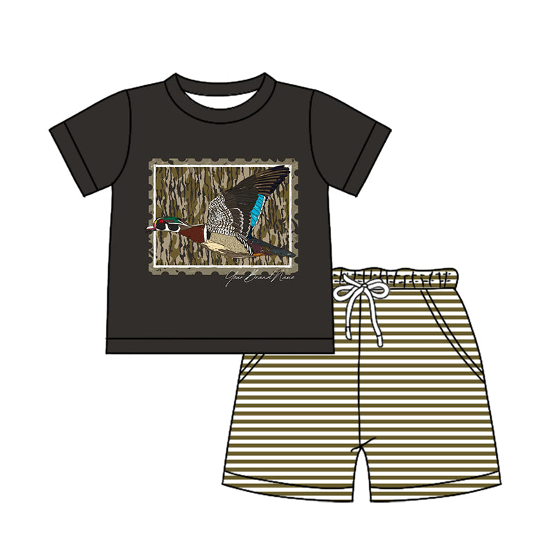 Preorder (moq 5)Baby Boys Duck Hunting Grey Shirt Top Stripes Shorts Outfits