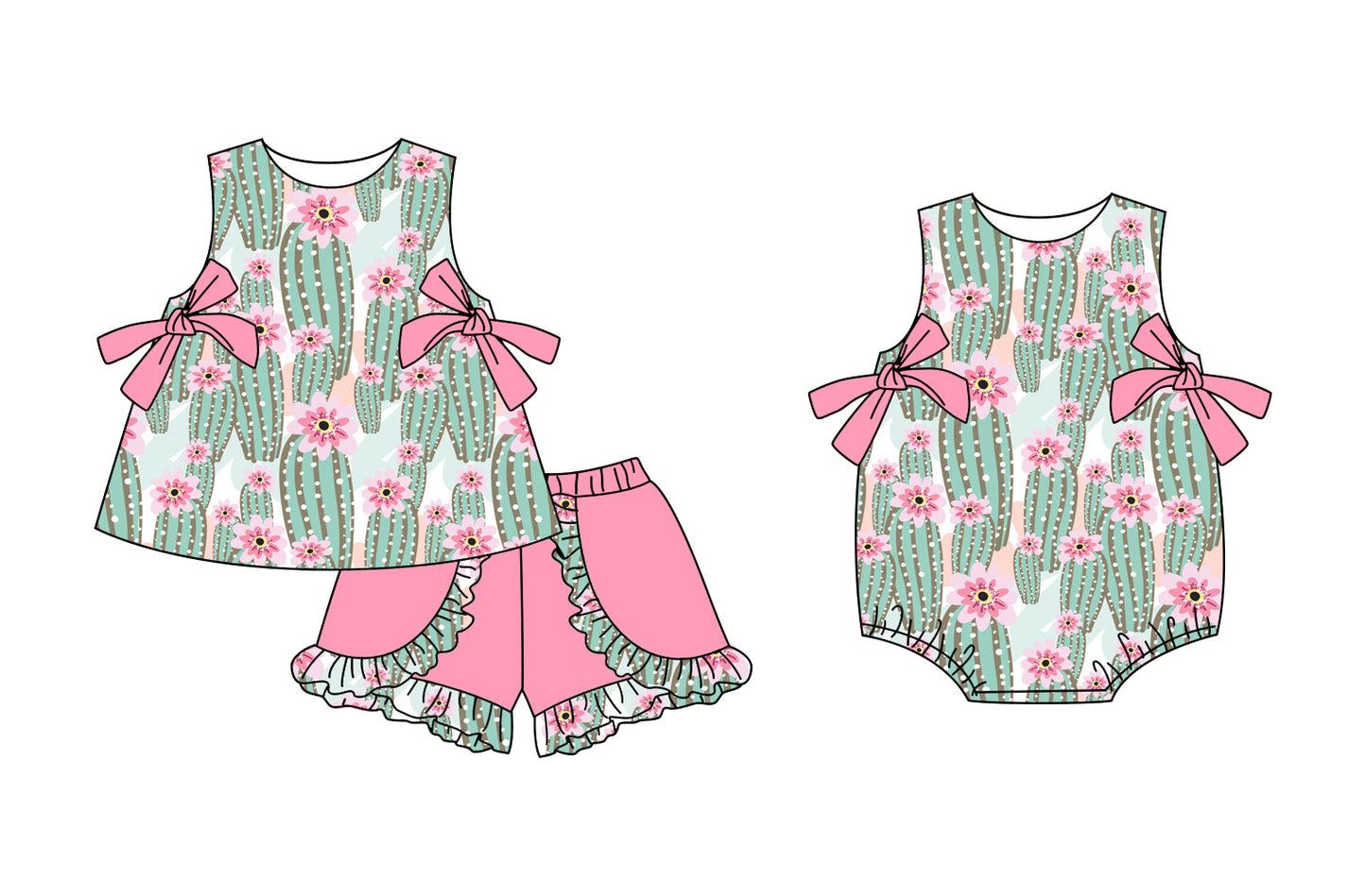 Preorder moq 5 Custom Baby Girls Sleeveless Cactus Bows Tunic Pink Ruffle Short Set Rompers