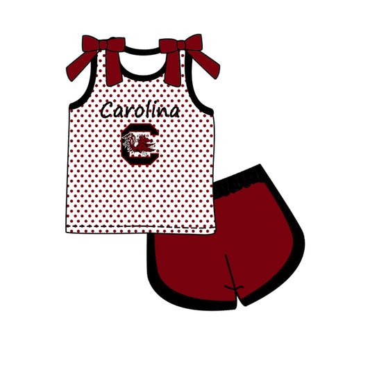 Preorder (moq 5)Baby Girls Bows Sleeveless Carolina Polka Dots Top Short Team Clothes Set