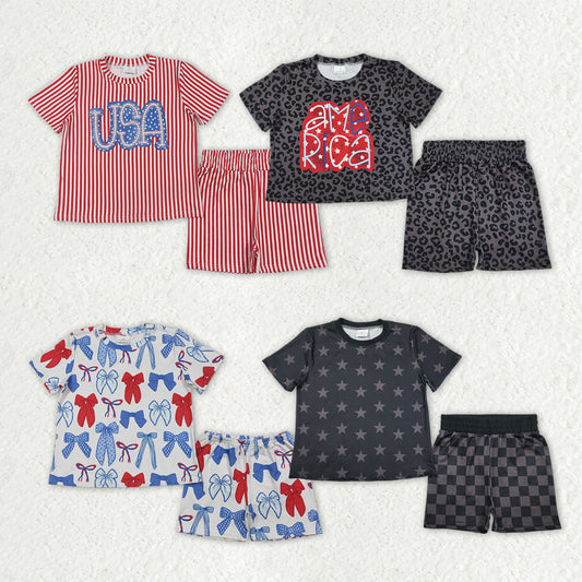 Sibling Baby Girls Summer Stars USA Top Shorts 4th of July Slouchy Pajamas Clothes Sets