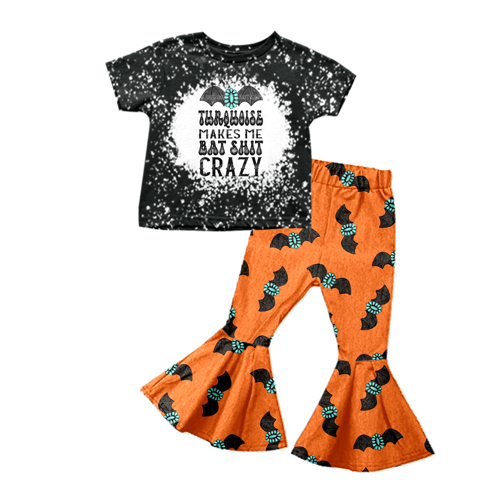 Baby Girls Halloween Turquoise Top Bats Bell Pants Clothes Outfits Sets preorder(moq 5)