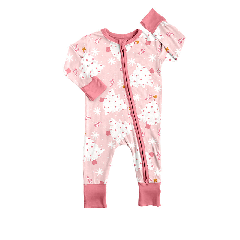 Baby Infant Girls Christmas Tree Pink Candy Cane Long Sleeve Zip Rompers preorder(moq 5)