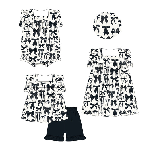 Preorder moq 5 Custom Baby Girls Sleeveless Black Bows Tunic Ruffle Short Set Dress And Rompers