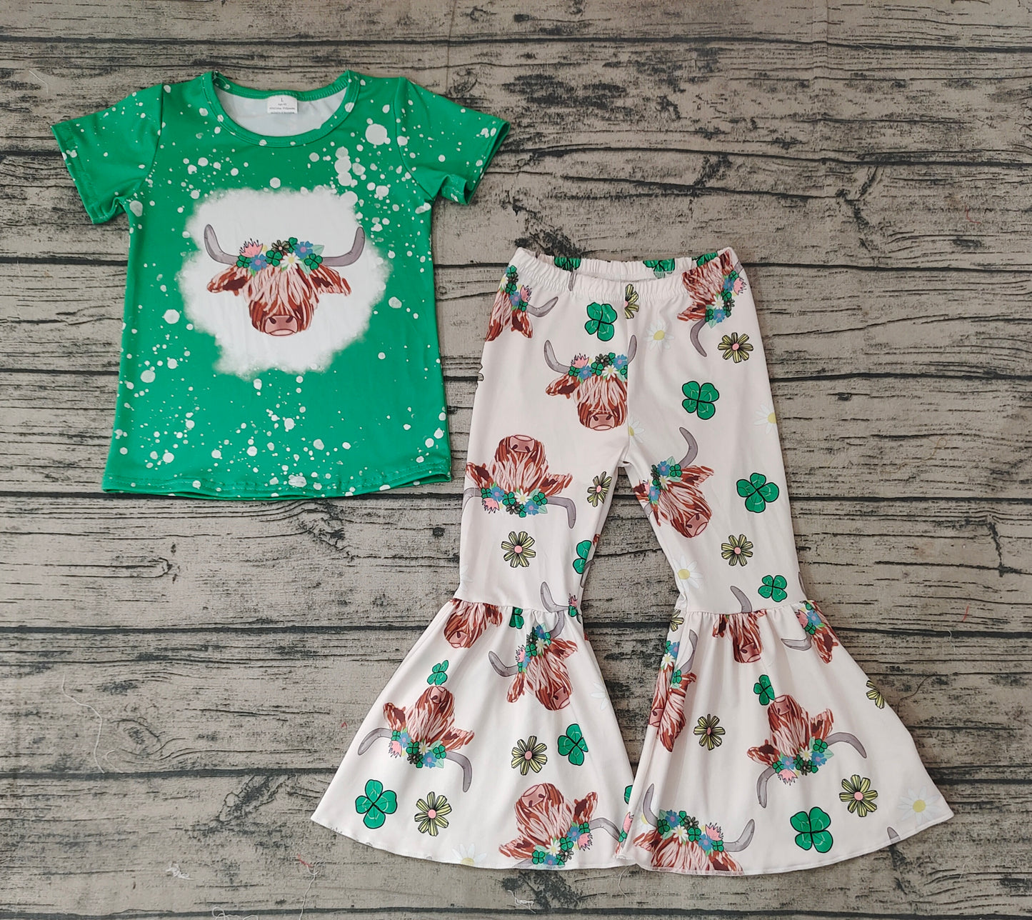 Baby Girls St Patrick Highland Cow Top Bell Pants Clothes Sets