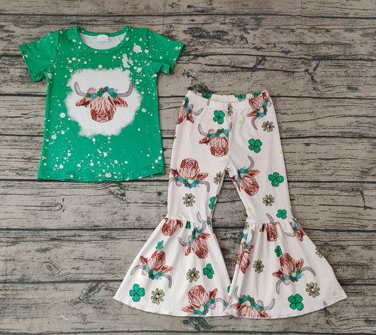 Baby Girls St Patrick Highland Cow Top Bell Pants Clothes Sets