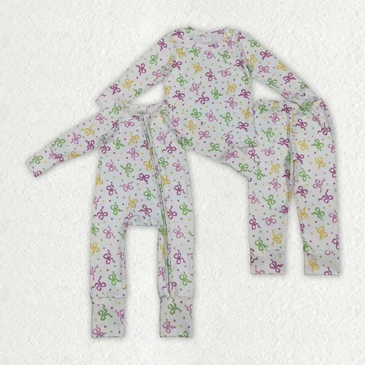 Sibling Baby Girls Mardigras Bows Polka Dots Pants Pajamas Set Zipper Convertible Rompers