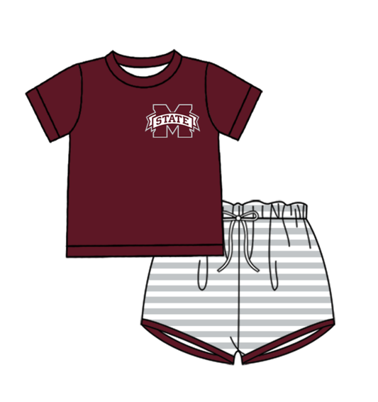 Preorder (moq 5)Baby Boys Red M State Top Grey Stripe Shorts Team Clothes Sets