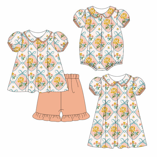Preorder moq 5 Custom Baby Girls Bows Floral Plaid Tunic Peach Ruffle Short Set Knee Length Dress And Rompers