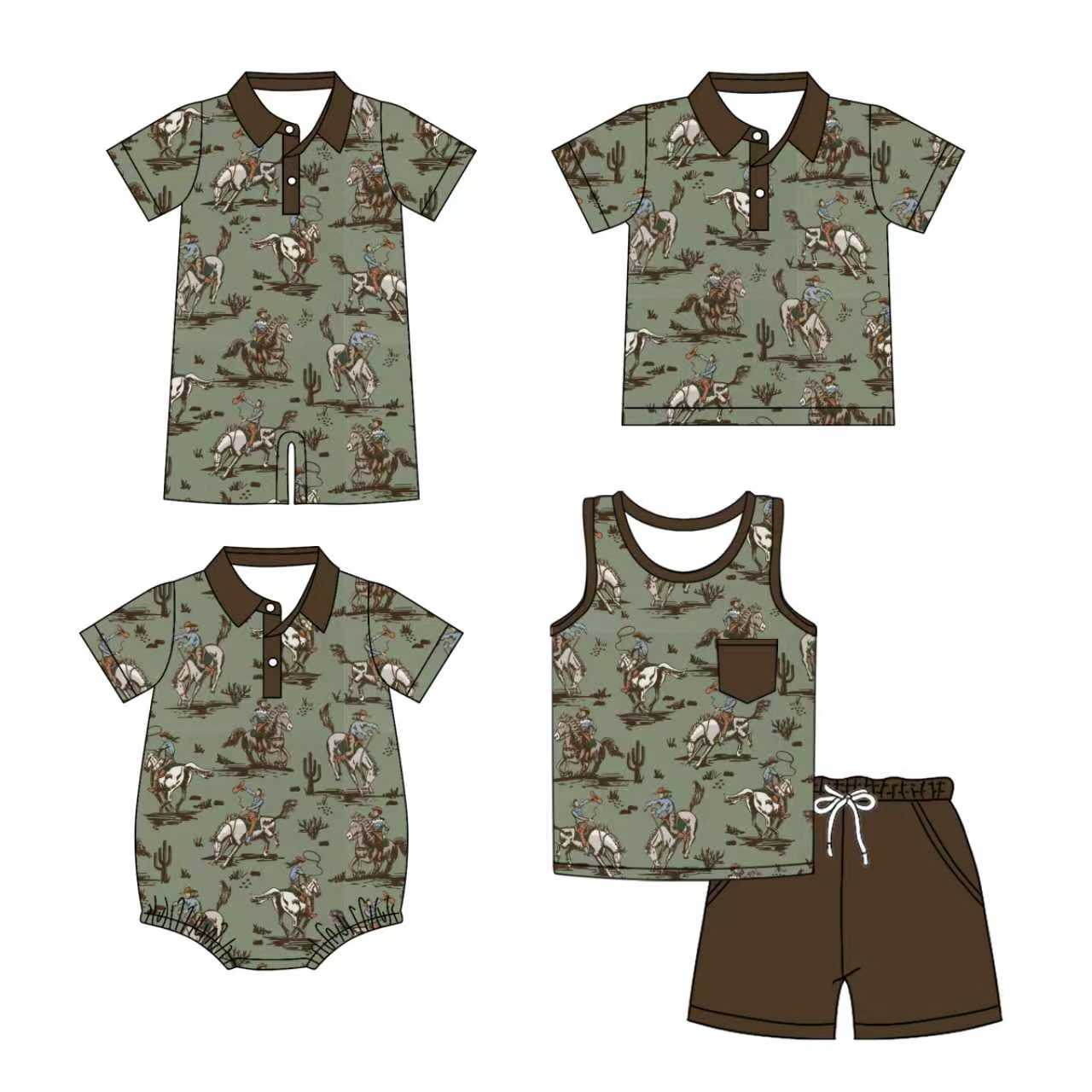Preorder moq 5 (each item)Baby Boys Cactus Rodeos Button Pocket Shorts Western Clothes Set Polo Shirt Rompers