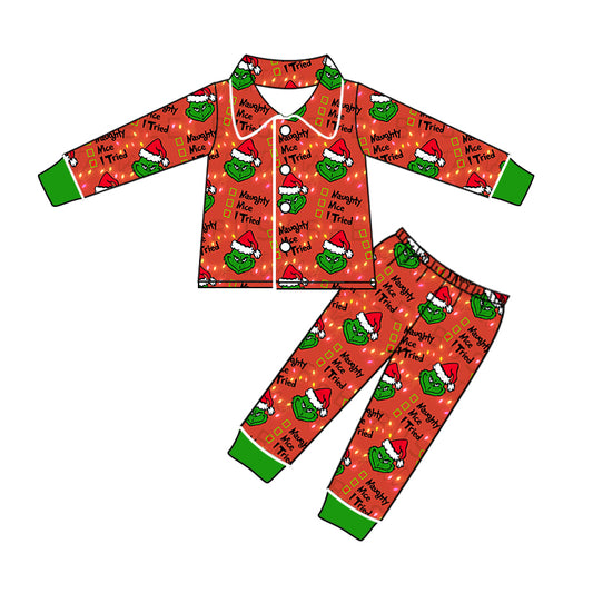 Baby Kids Christmas Green Face Buttons Top Pants Pajamas Clothes Sets Preorder(moq 5)