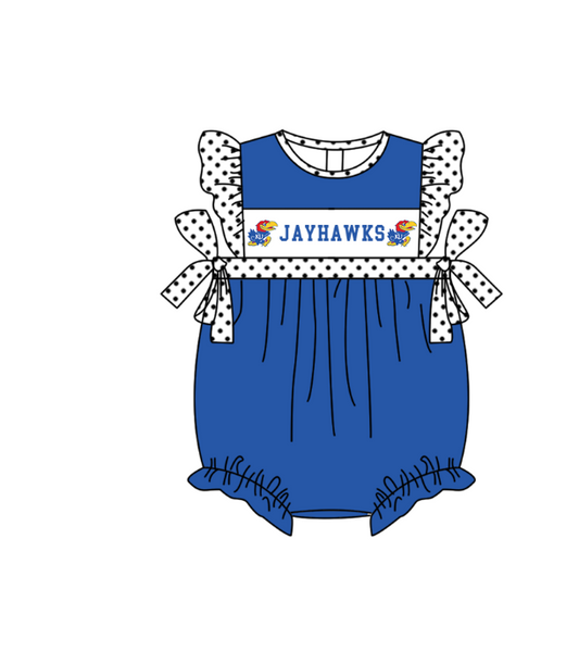 Preorder (moq 5)Baby Girls Polka Dots Flutter Sleeve Jayhawks Team Ruffle Rompers