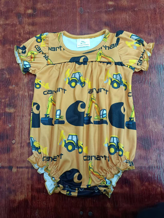 Preorder moq 5 Baby Girls Khaki Short Ruffle Sleeves Carartt Excavators Ruffle Rompers