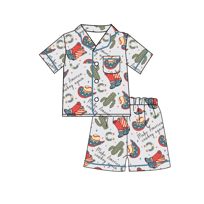 Baby Boys Short Sleeve 4th Of July Buttons Shirt Shorts Pajamas Clothes Sets preorder(moq 5)