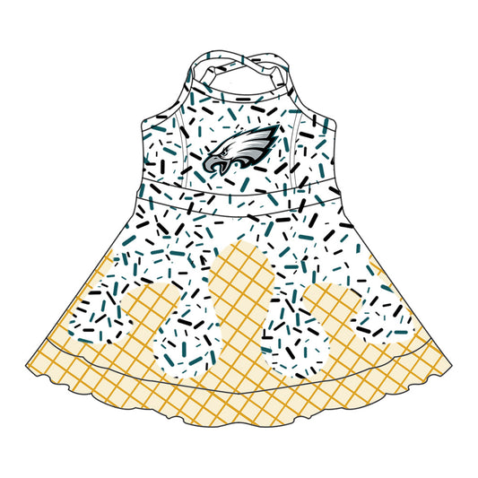 Preorder (moq 5)Baby Girls Drip Sprinkles Philadelphia Eagles Team Shorts Ruffle Knee Length Dress