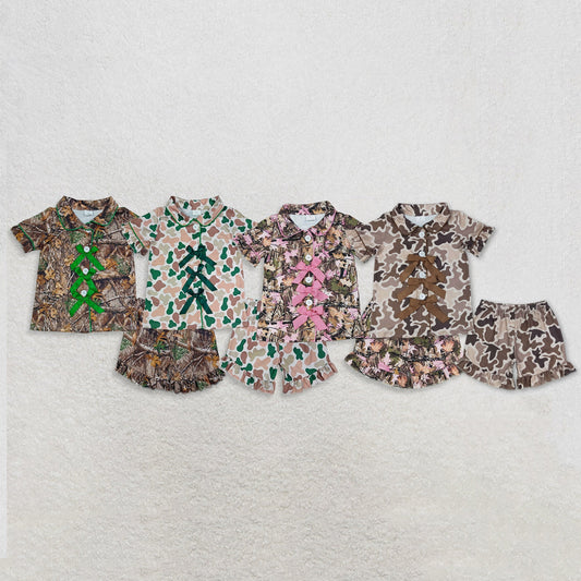 Sibling Baby Girls Short Sleeve Leaves Camo Bows Button Top Ruffle Short Pajamas Sets