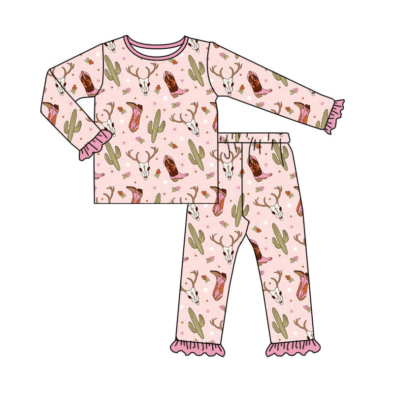 Baby Girls Western Boots Cactus Shirt Top Pants Pajamas Clothes Sets Preorder(moq 5)