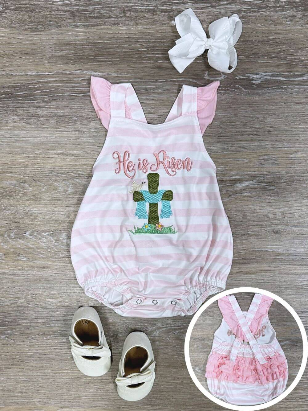 Baby Infant Girls Easter He Is Risen Ruffle Bubble Rompers