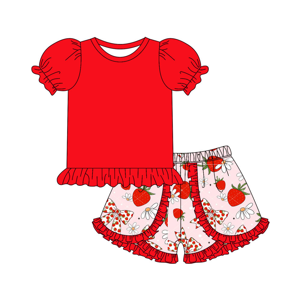 Preorder moq 5 Baby Girls Red Short Ruffle Sleeves Tunic Strawberry Flowers Short Set