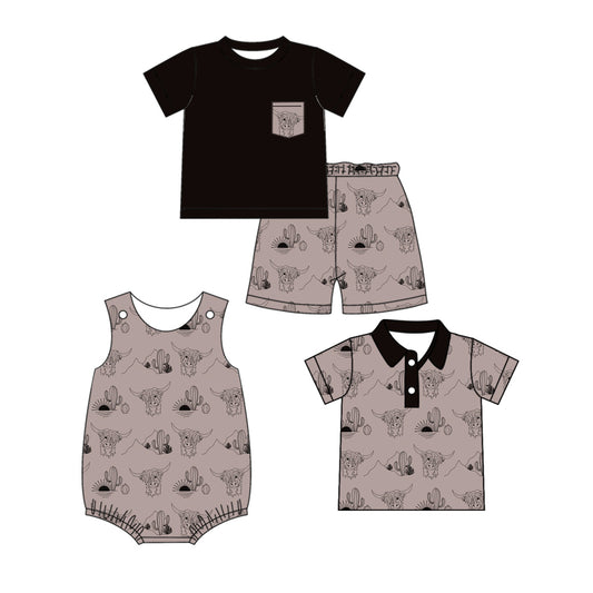 Preorder(moq 5 each)Sibling Baby Boys Western Highland Cow Romper Shirts Shorts Sets