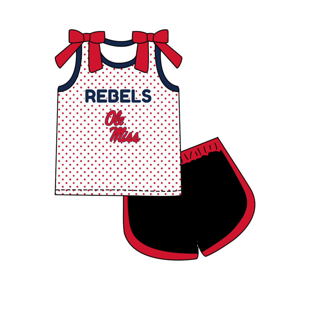 Preorder (moq 5)Baby Girls Bows Ole Miss Polka Dots Top Short Team Clothes Set