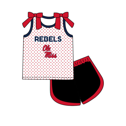 Preorder (moq 5)Baby Girls Bows Ole Miss Polka Dots Top Short Team Clothes Set