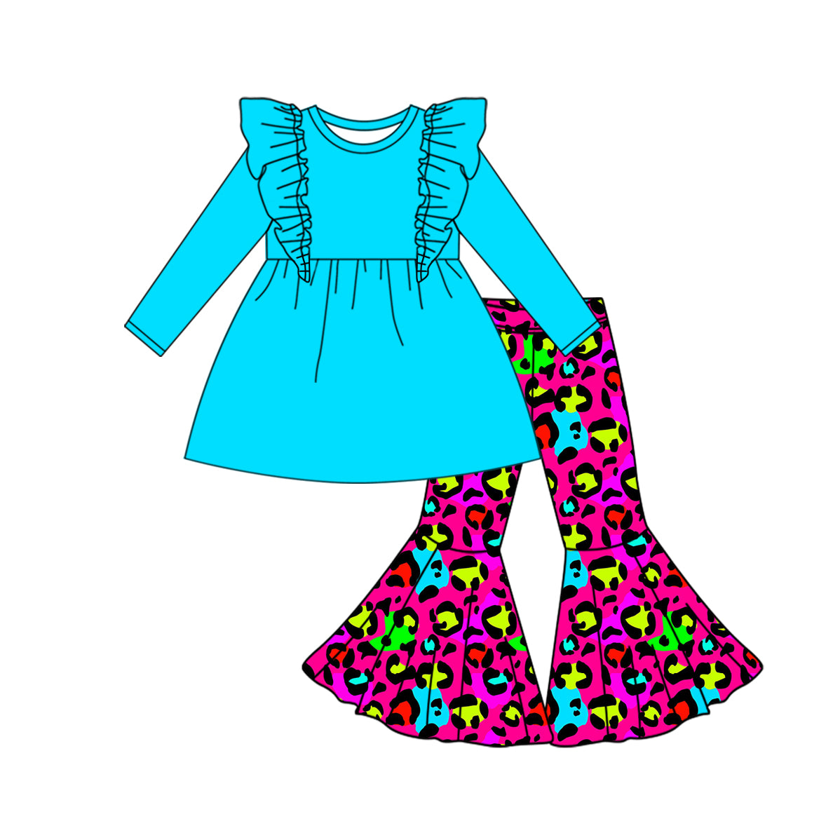 Baby Girls Blue Tunic Top Leopard Bell Pants Outfits Clothes Sets preorder(MOQ 5)