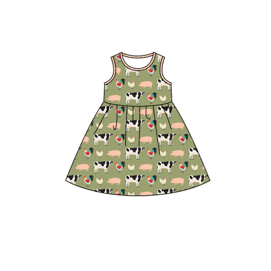 Preorder (moq 5)Baby Girls Green Farm Animals Sleeveless Knee Length Dresses