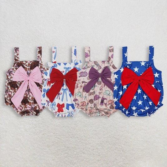 Sibling Baby Girls Strap Western Cows 4th of July Bow Top Ruffle Rompers