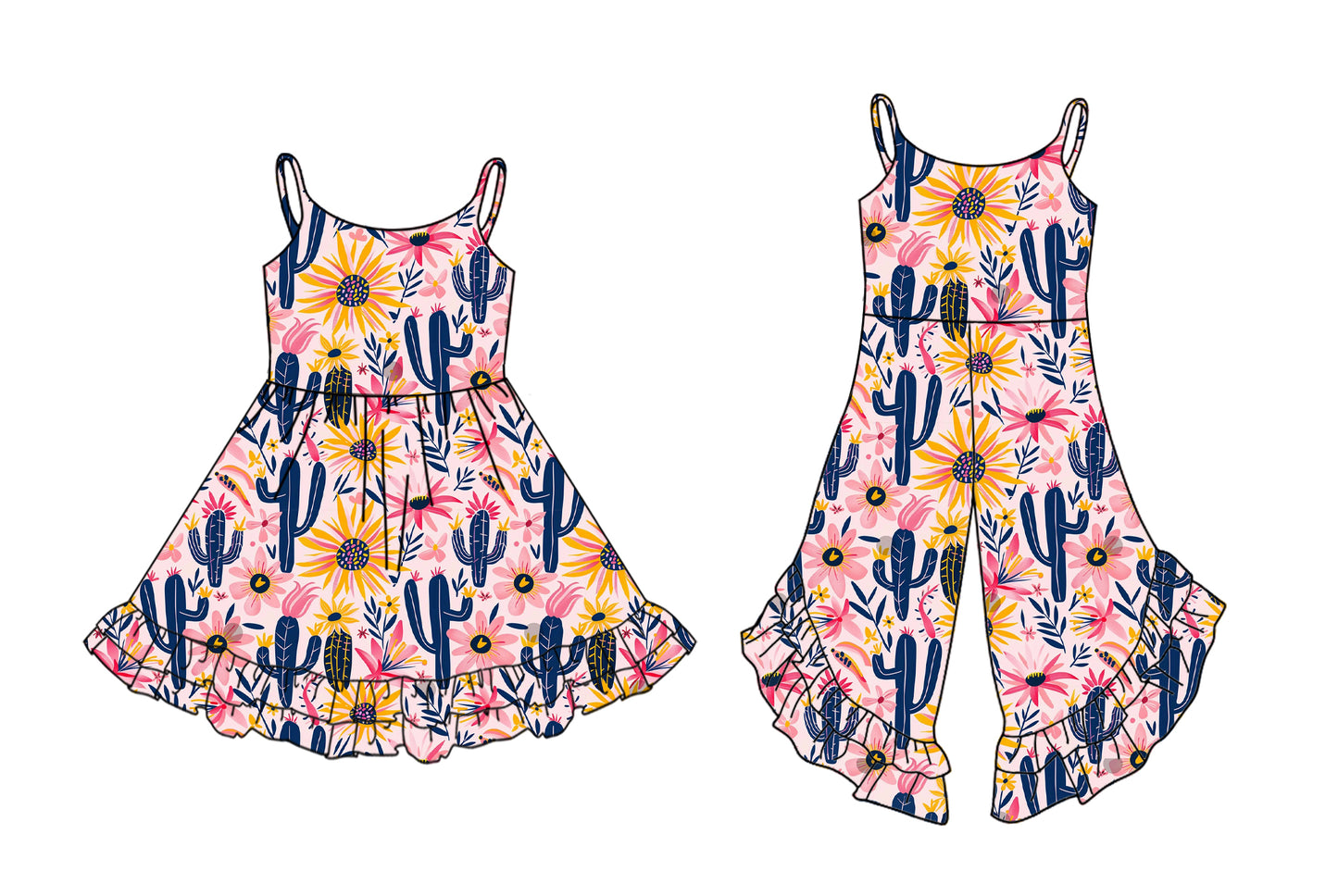 Preorder moq 5 Custom Baby Girls Pink Strap Cactus Sunflowers Ruffle Jumpsuits Knee Length Dresses