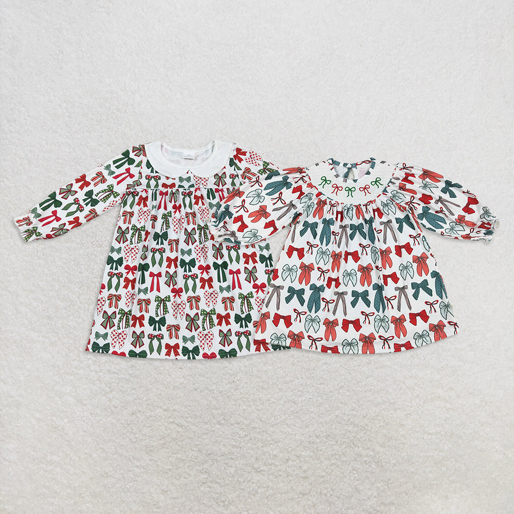 Sibling Baby Girls Green Red Bows Christmas Knee Length Dresses