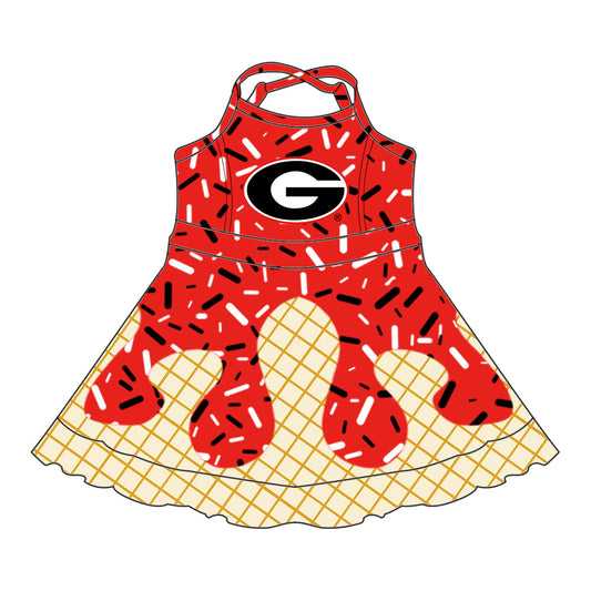 Preorder (moq 5)Baby Girls Drip Sprinkles Georgia Bulldogs Team Shorts Ruffle Knee Length Dress
