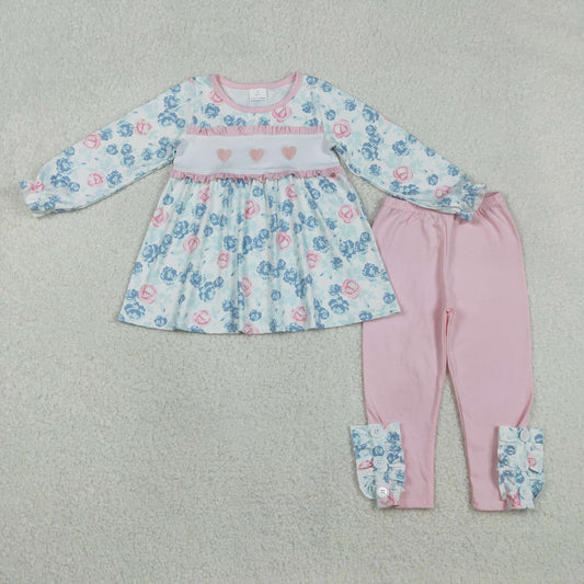 Embroidery Hearts Baby Girls Flowers Tunic Leggings Valentines Clothes Sets