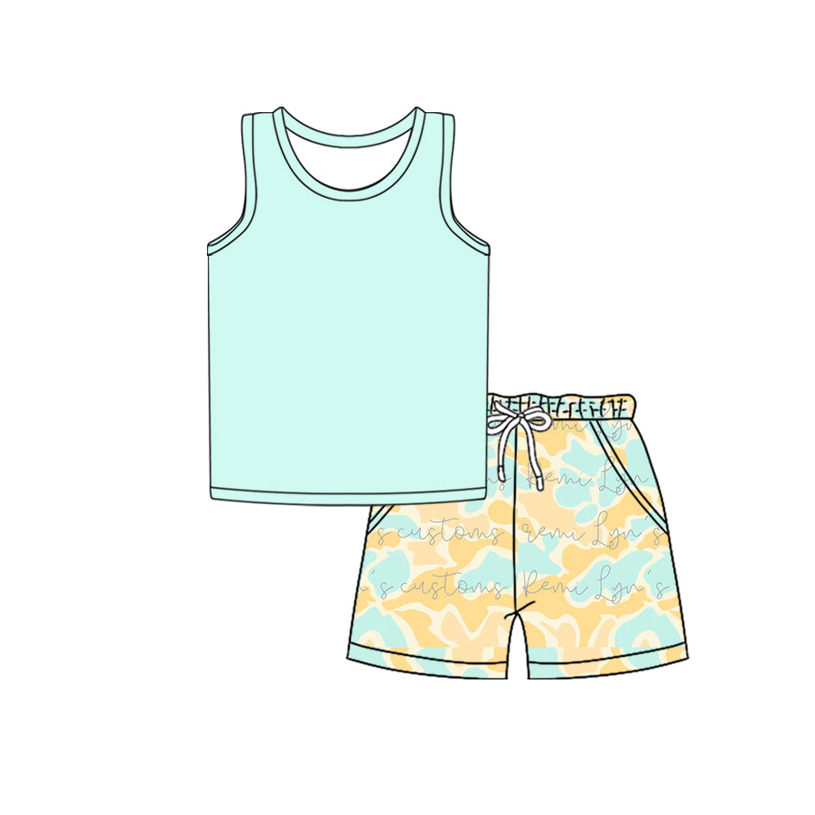 Preorder moq 5 Baby Boys Sleeveless Vest Top Light Blue Yellow Camo Pockets Short Set