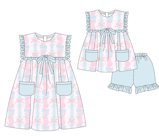 Preorder moq 5 Custom Baby Girls Pink Blue Bows Pockets Tunic Ruffle Short Set Knee Length Dresses