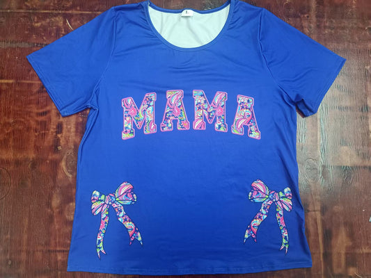 Preorder moq 5 Baby Girls Hot Blue Short Sleeves Watercolor Floral Mama Bows Tee Shirts Top