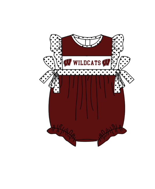 Preorder (moq 5)Baby Girls Polka Dots Flutter Sleeve Wildcats Team Ruffle Rompers