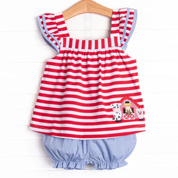 Preorder moq 5 Baby Girls Red Stripe Flutter Sleeves Cows House Tunic Blue Ruffle Short Farm Set