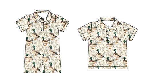 Preorder moq 5 Custom Baby Boys Khaki Short Sleeves Ducks Button Polo Shirts Top Rompers