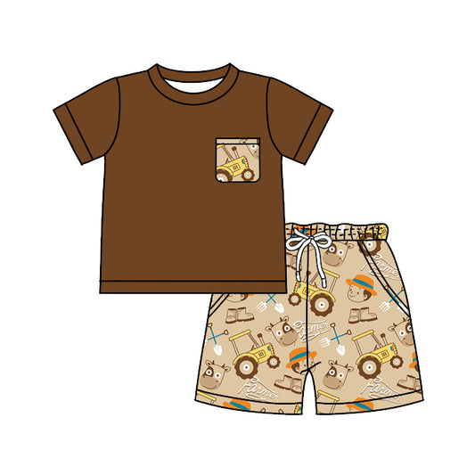 Baby Boys Brown Shirt Truck Shorts Summer Outfits Clothes Sets preorder(moq 5)