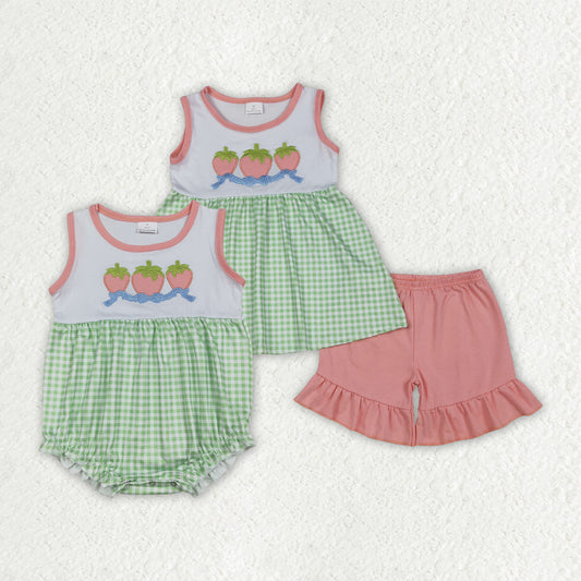Sibling Baby Girls Embroidery Bows Strawberry Tunic Ruffle Shorts Clothes Set Rompers
