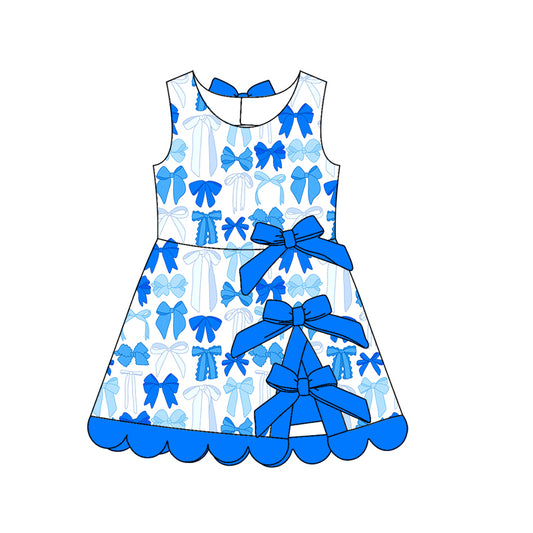 Preorder (moq 5)Baby Girls Sleeveless Blue Bows Short Scallop Knee Length Dresses