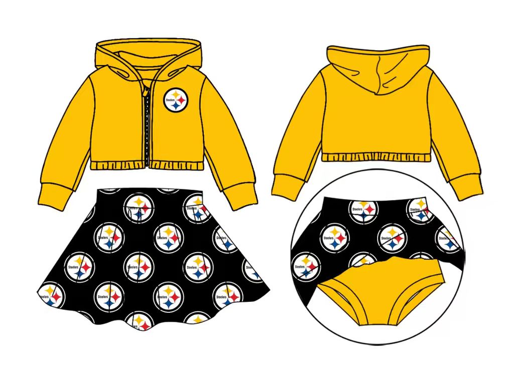 preorder(moq 5) Baby Girls Steelers Team Hooded Top Bummie Skirts Clothes Sets