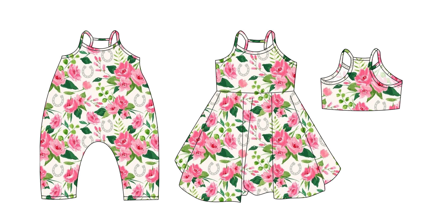 Preorder moq 5 Custom Baby Girls Pink Strap Floral Horse Shoes Knee Length Dresses Rompers