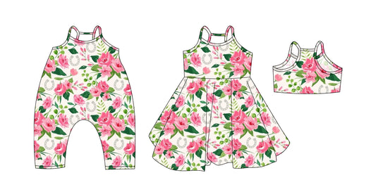 Preorder moq 5 Custom Baby Girls Pink Strap Floral Horse Shoes Knee Length Dresses Rompers